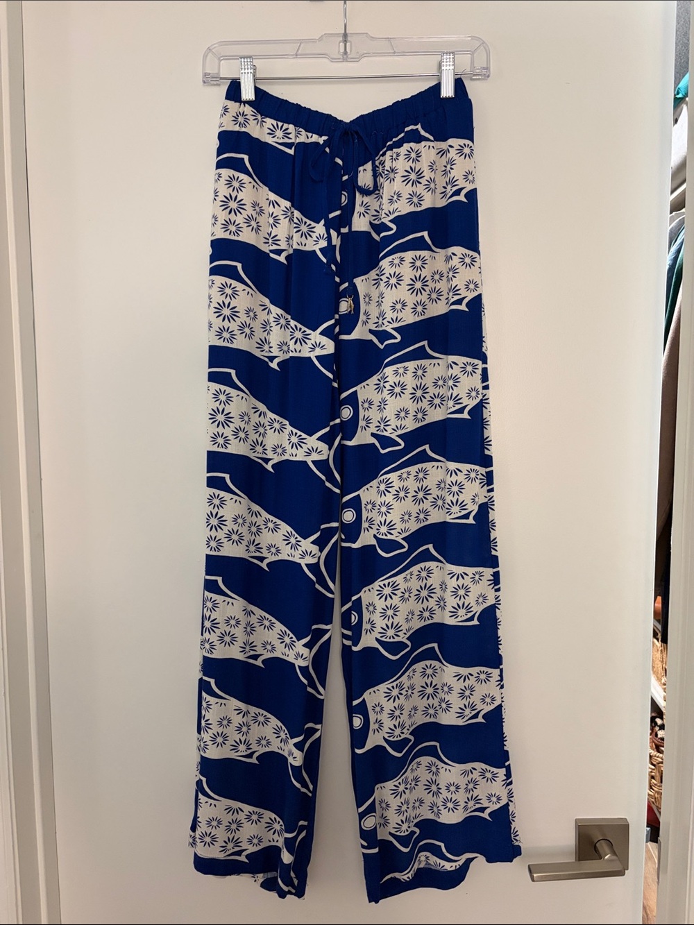 Rose & Olive Blue and White Wide-Leg Printed Palazzo Pants